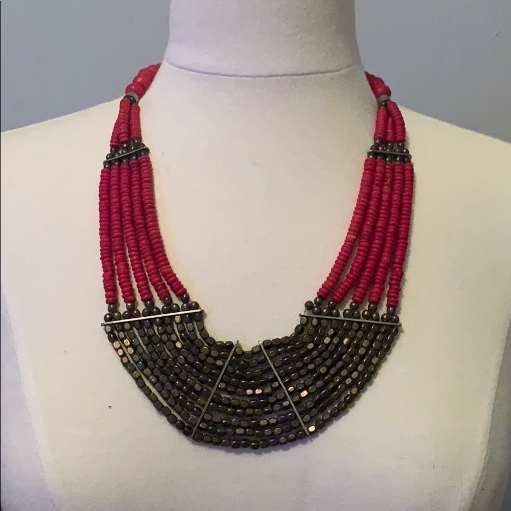 Cara couture red & gold beaded statement necklace